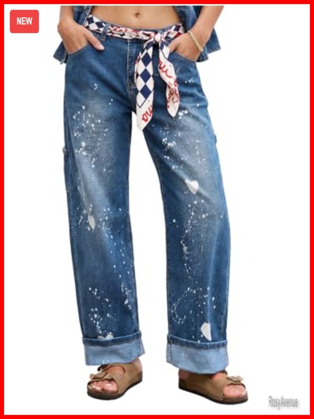 Wide Leg Baggy Barrel Jeans Heart Print Stretchy Cotton Denim